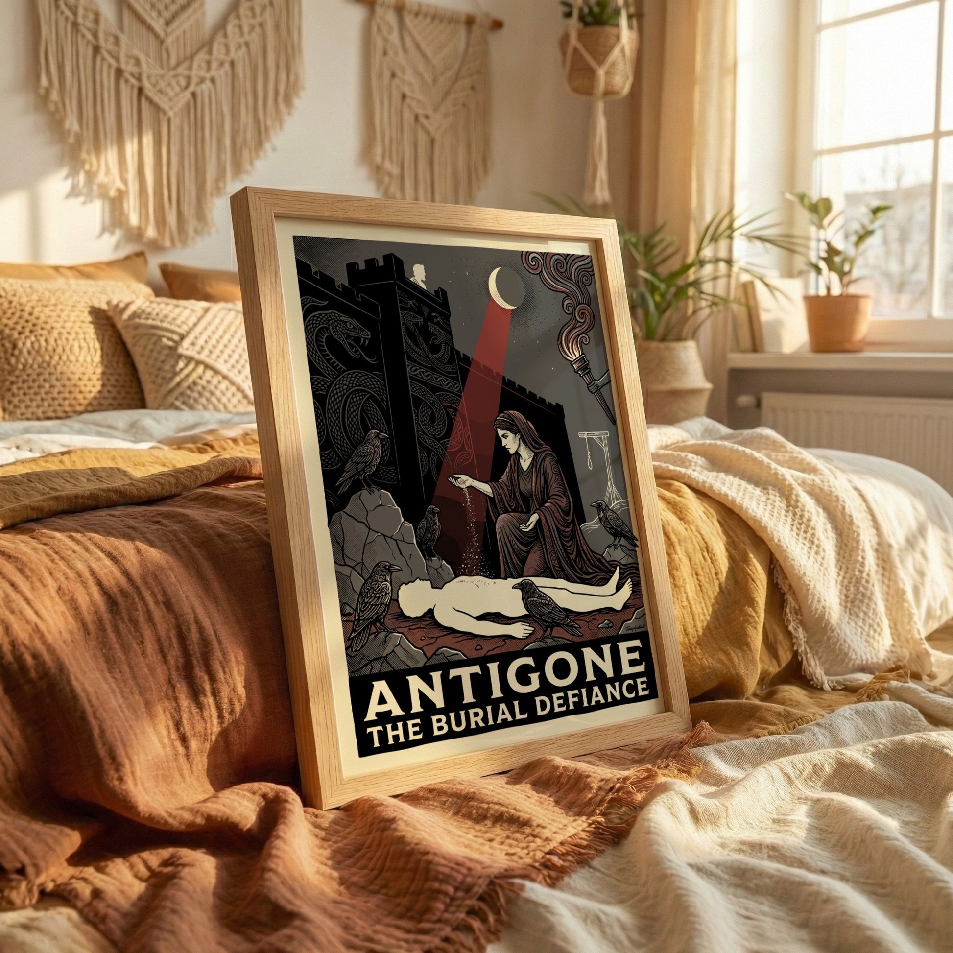 Antigone Greek mythology poster featuring a woman burying a figure, with ravens and a fortress, in a dark,
