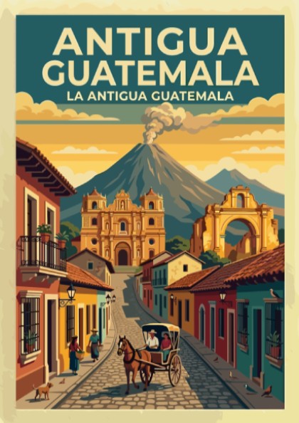 Travel poster of Antigua Guatemala showing a cobblestone street, cathedral, and distant volcano.