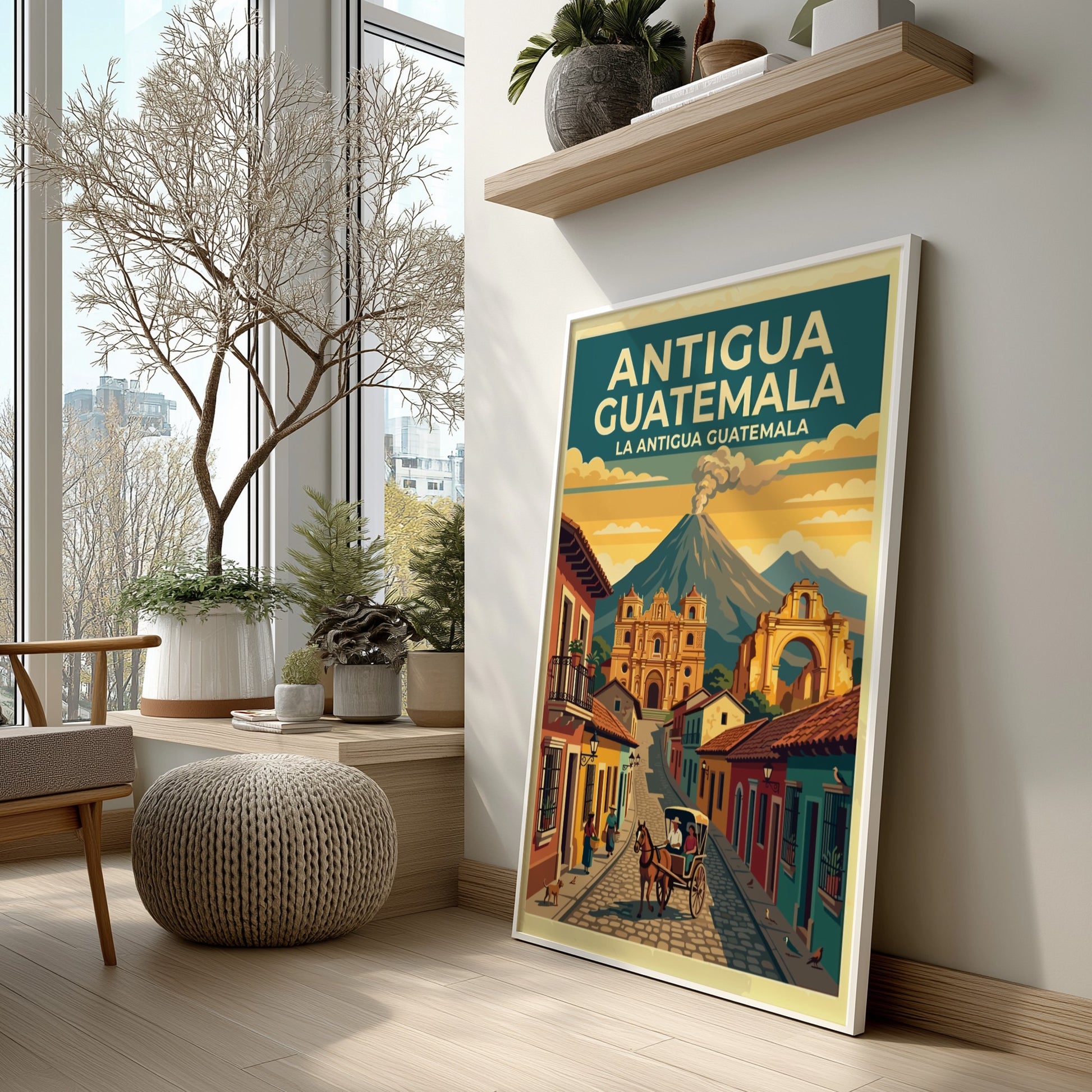 Travel poster of Antigua Guatemala showing a cobblestone street, cathedral, and distant volcano.
