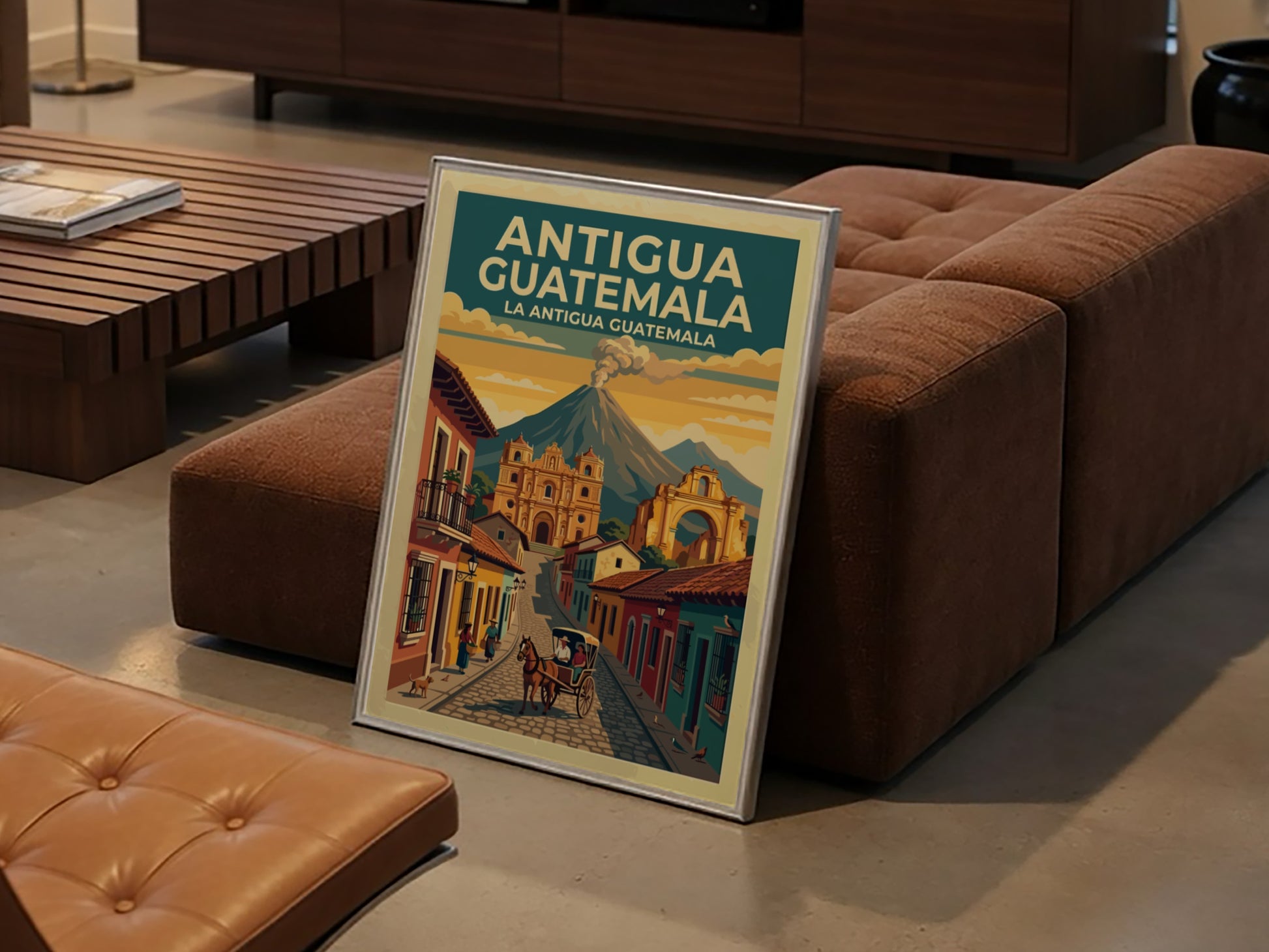 Travel poster of Antigua Guatemala showing a cobblestone street, cathedral, and distant volcano.