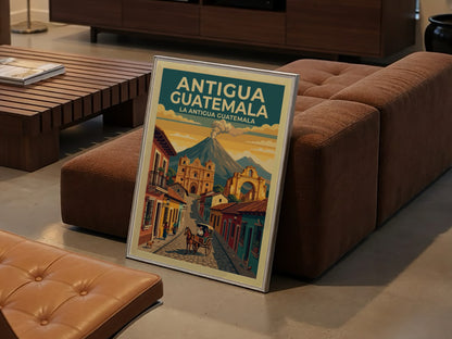 Travel poster of Antigua Guatemala showing a cobblestone street, cathedral, and distant volcano.