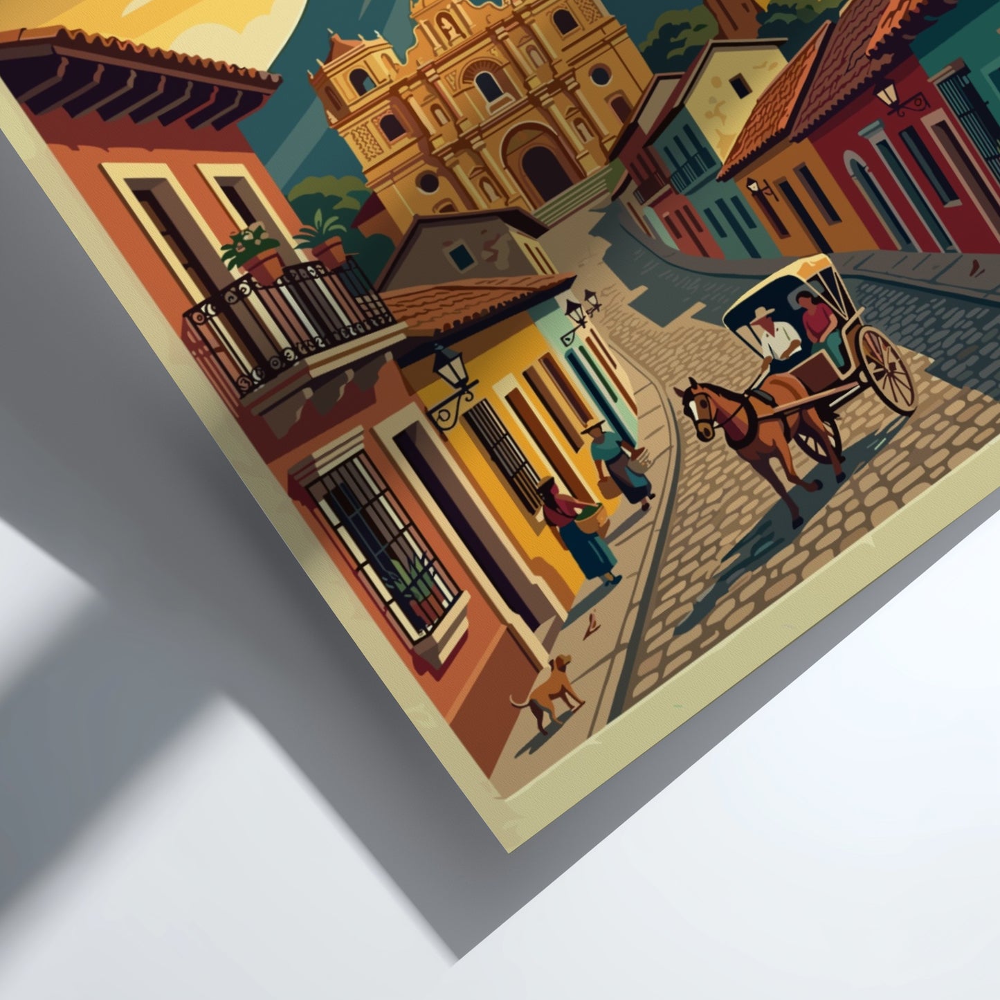 Travel poster of Antigua Guatemala showing a cobblestone street, cathedral, and distant volcano.