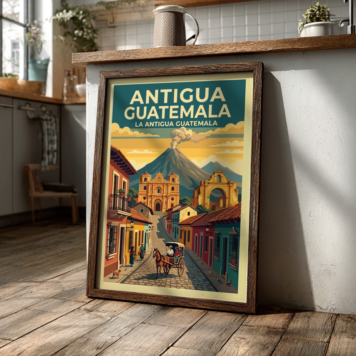 Travel poster of Antigua Guatemala showing a cobblestone street, cathedral, and distant volcano.