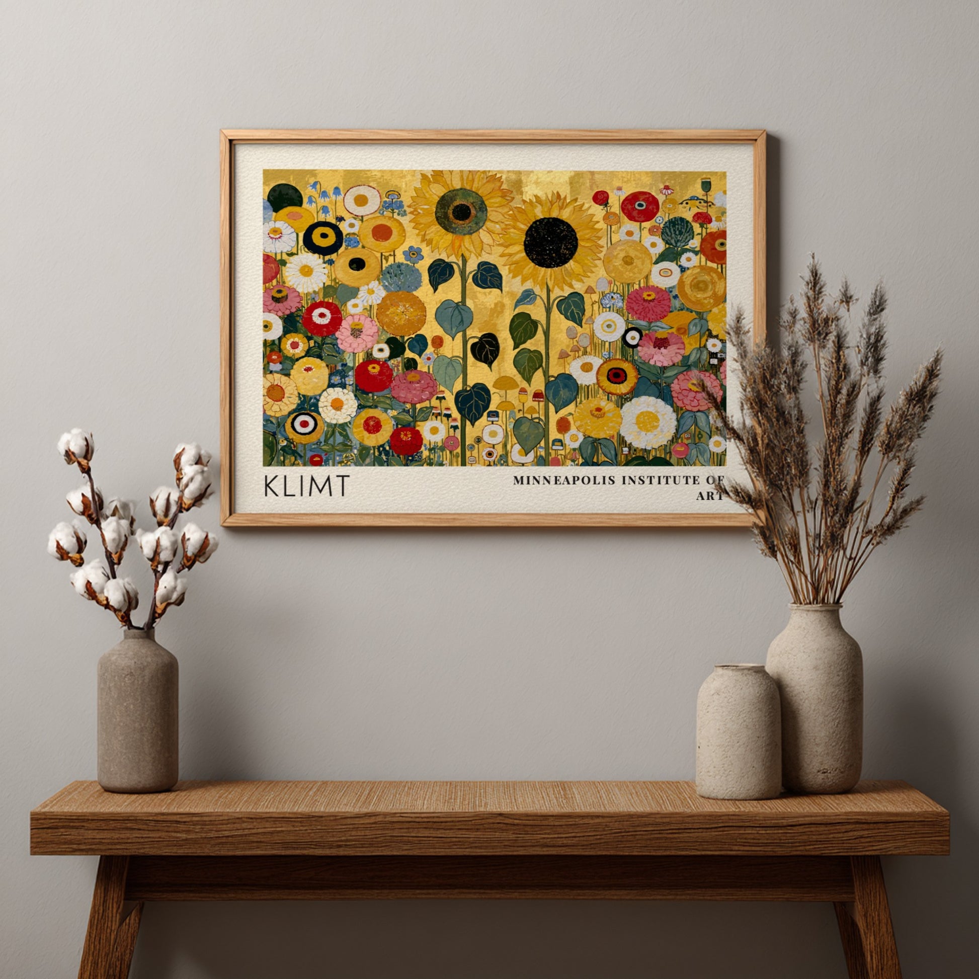 Floral wall art print featuring vibrant colors and Klimt's style