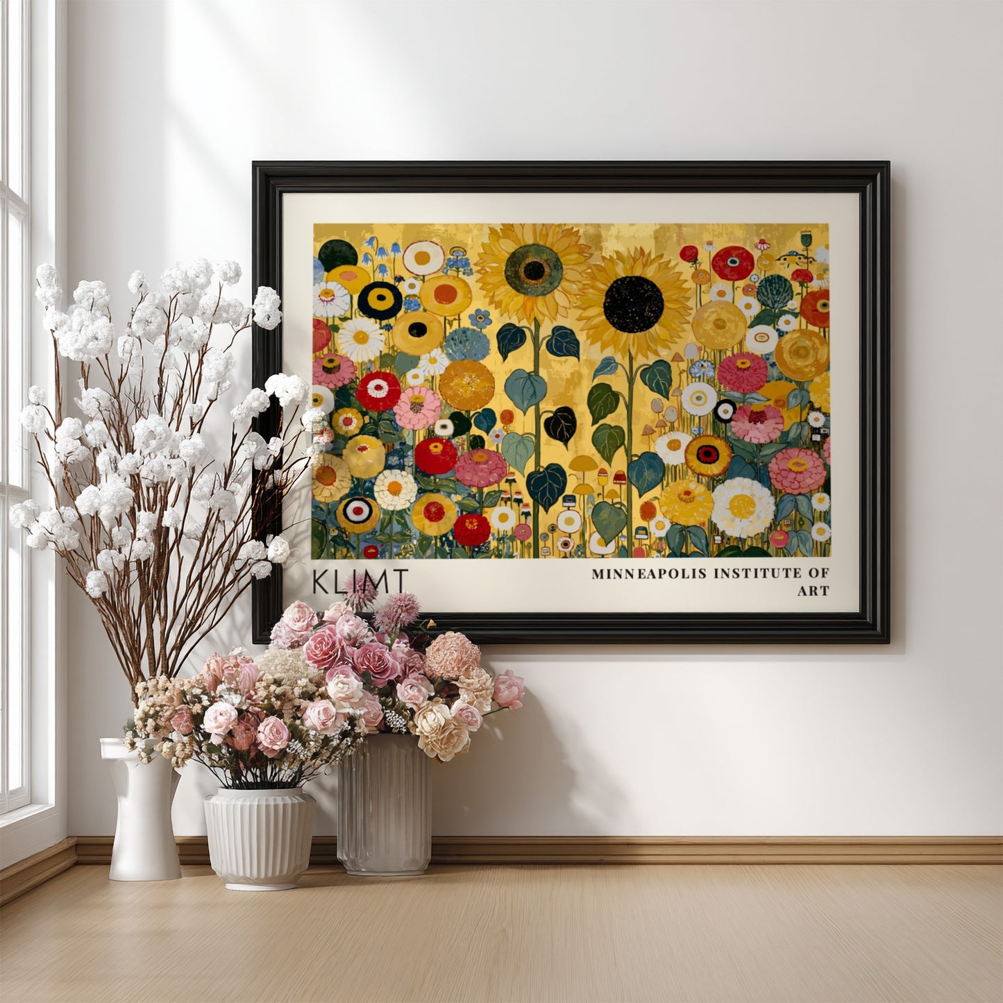 Floral wall art print featuring vibrant colors and Klimt's style