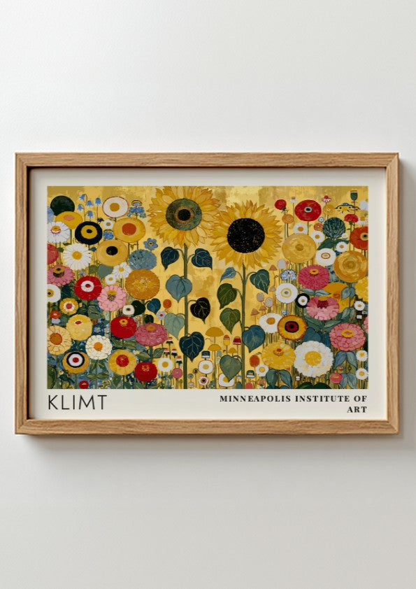 Floral wall art print featuring vibrant colors and Klimt's style
