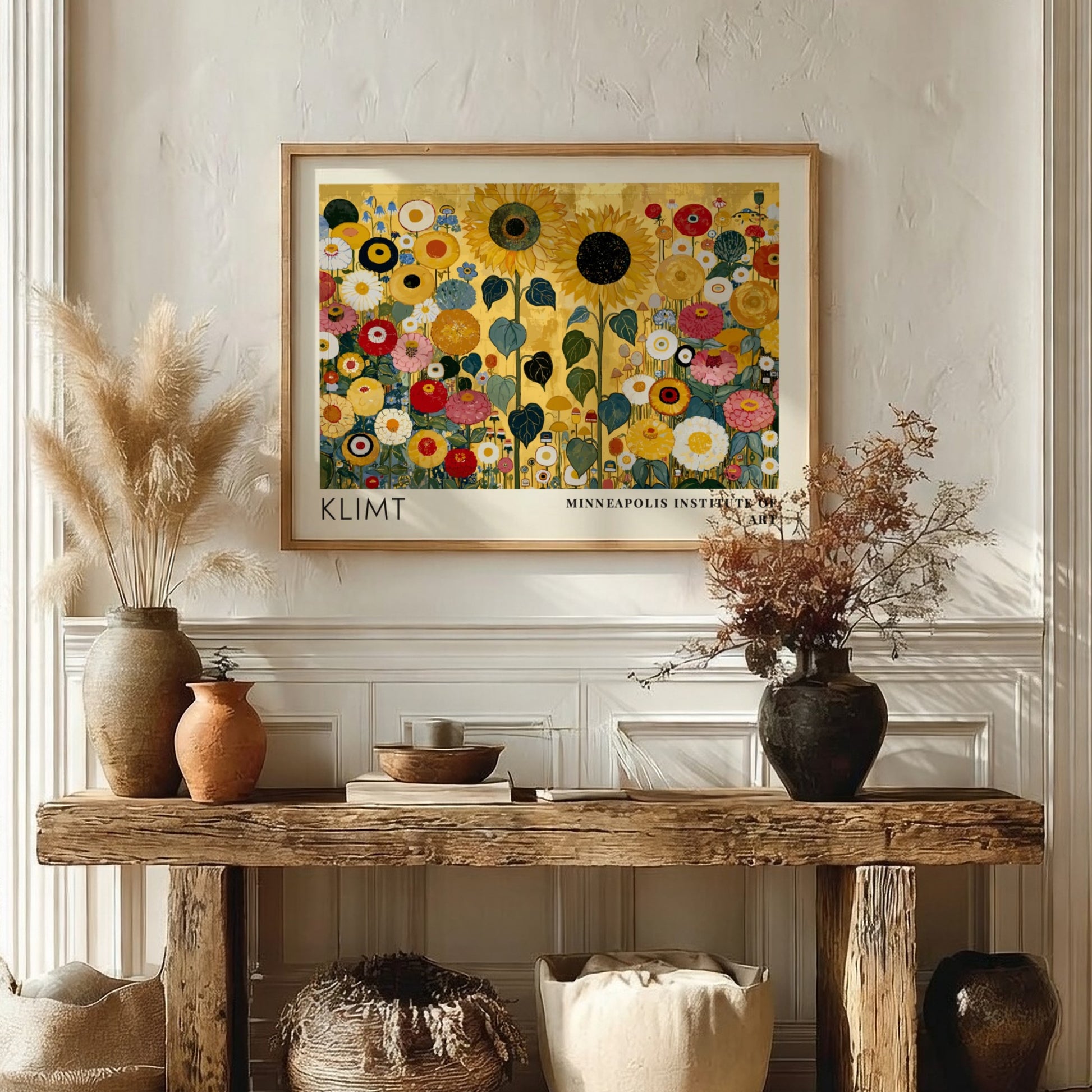 Floral wall art print featuring vibrant colors and Klimt's style
