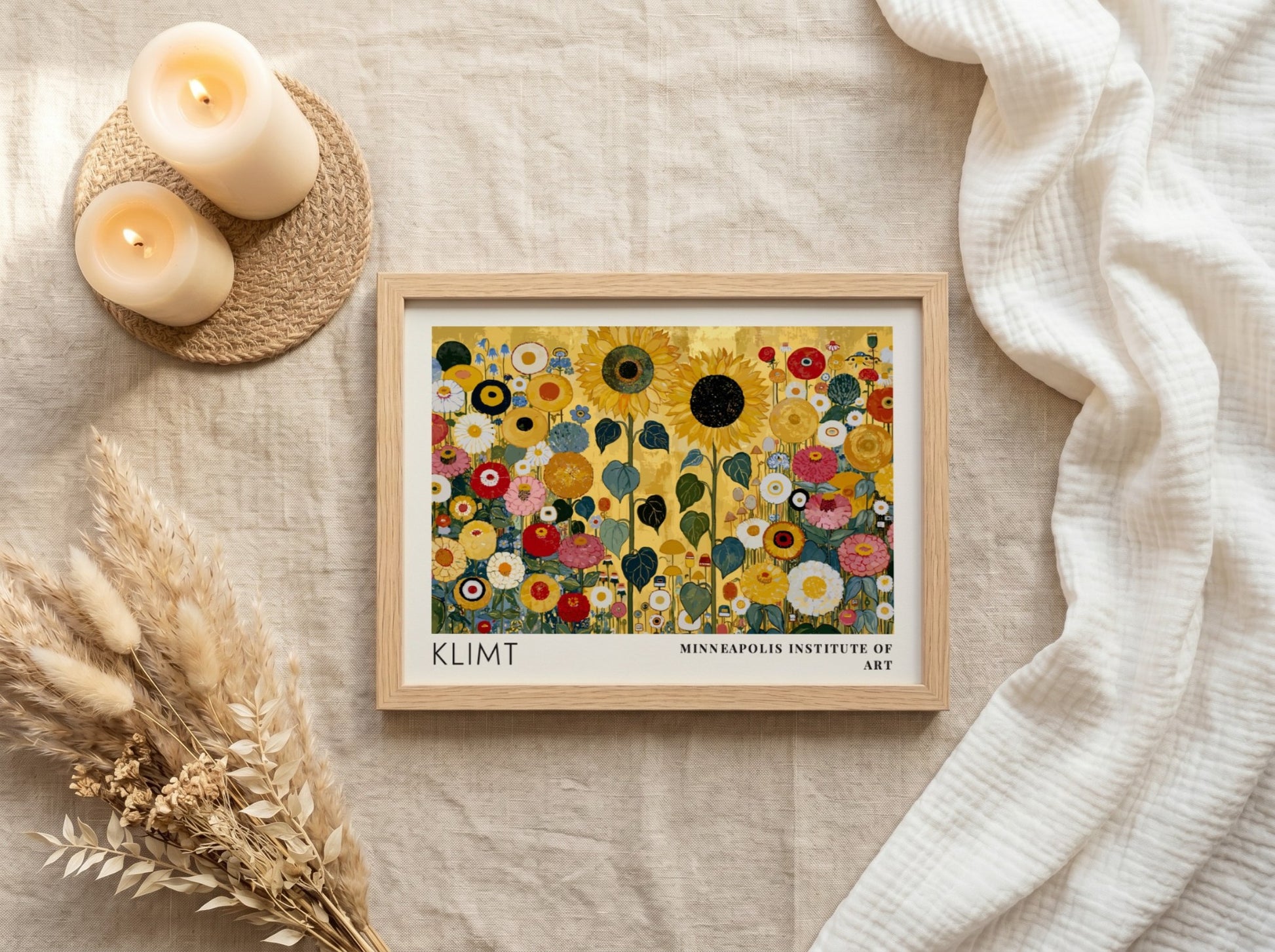 Floral wall art print featuring vibrant colors and Klimt's style