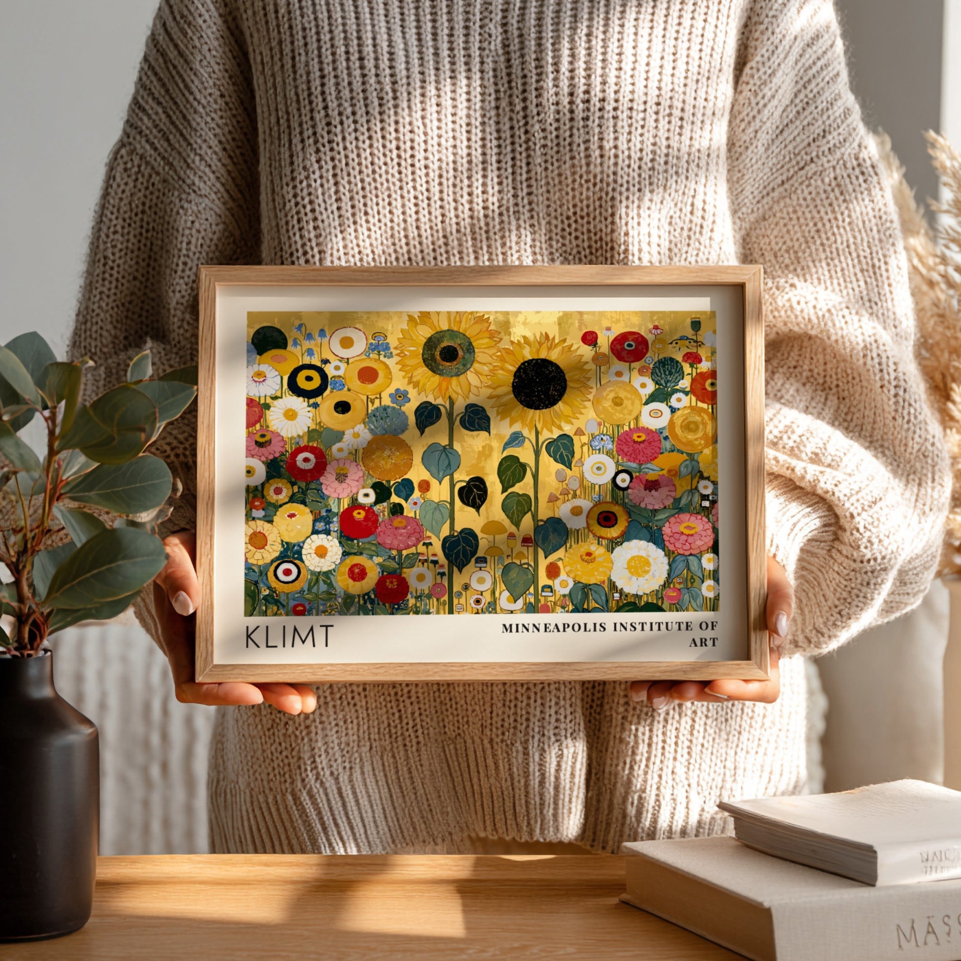 Floral wall art print featuring vibrant colors and Klimt's style