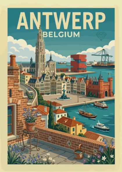 Vintage Antwerp Belgium travel poster featuring city skyline, cathedral, and port in a retro style.