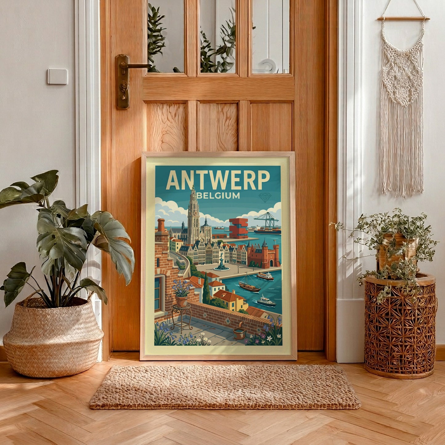 Vintage Antwerp Belgium travel poster featuring city skyline, cathedral, and port in a retro style.
