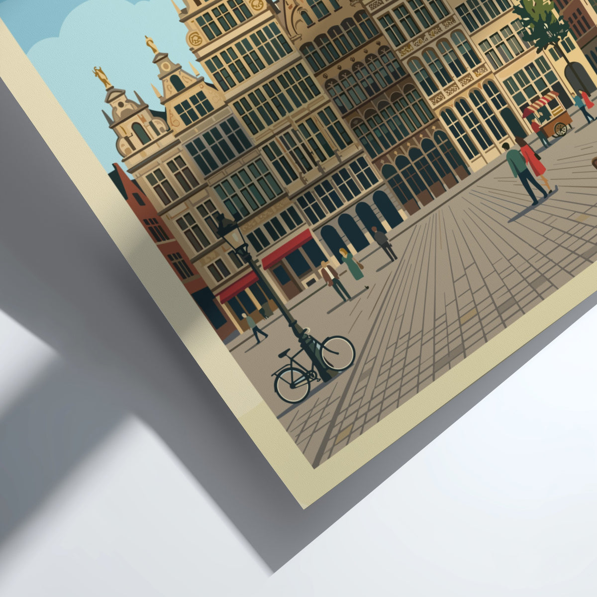 Antwerp Belgium travel poster featuring historic guild houses and a cathedral spire above.