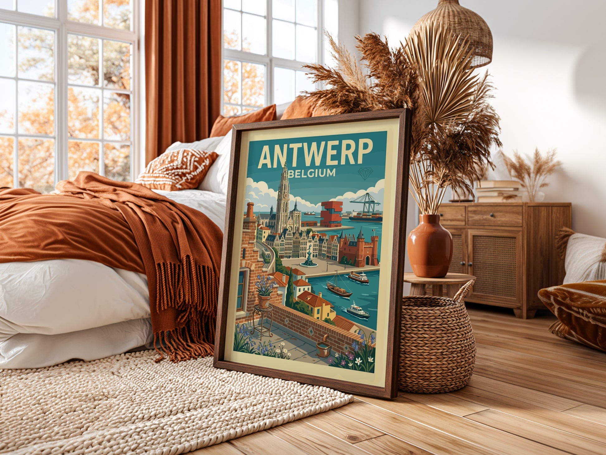 Vintage Antwerp Belgium travel poster featuring city skyline, cathedral, and port in a retro style.