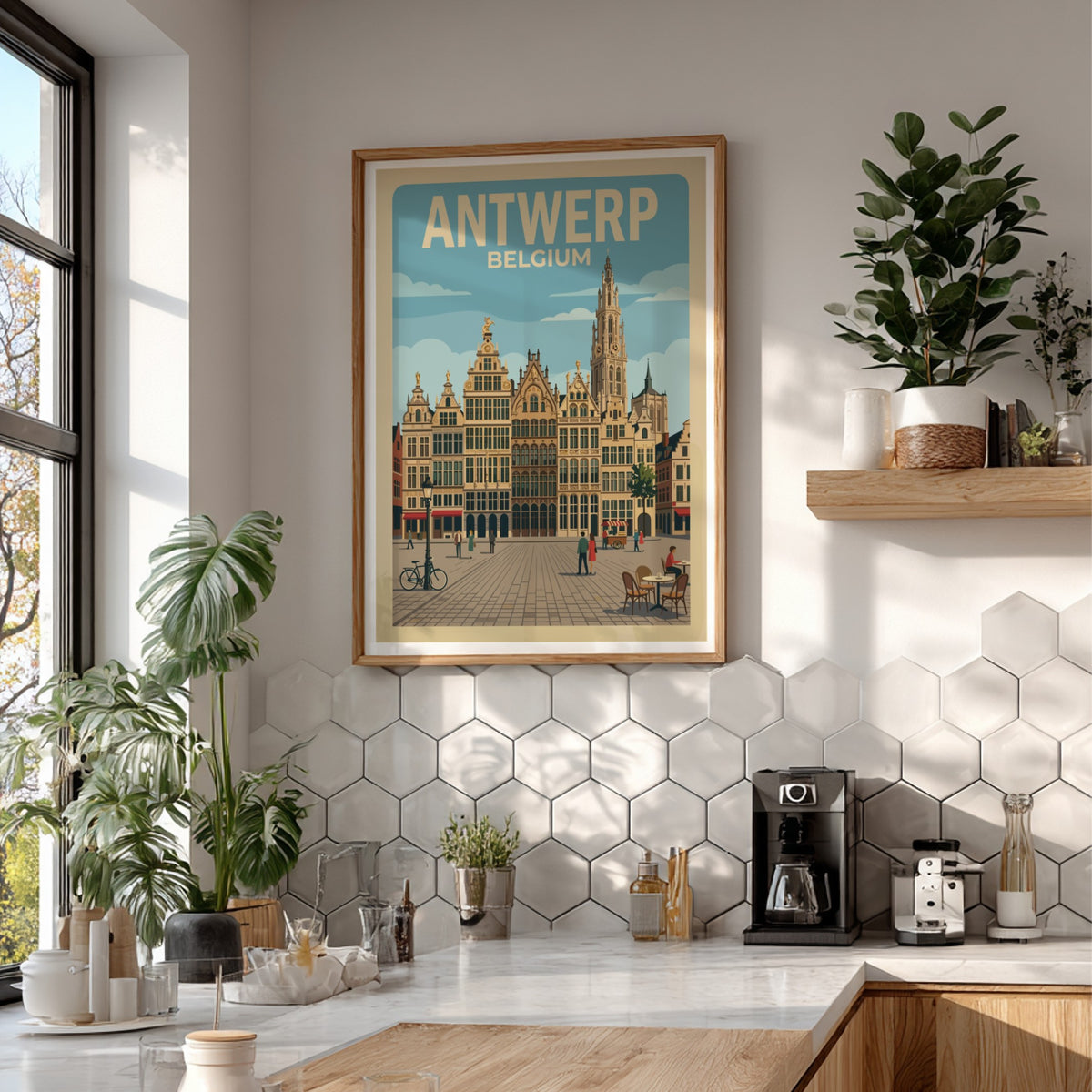 Antwerp Belgium travel poster featuring historic guild houses and a cathedral spire above.