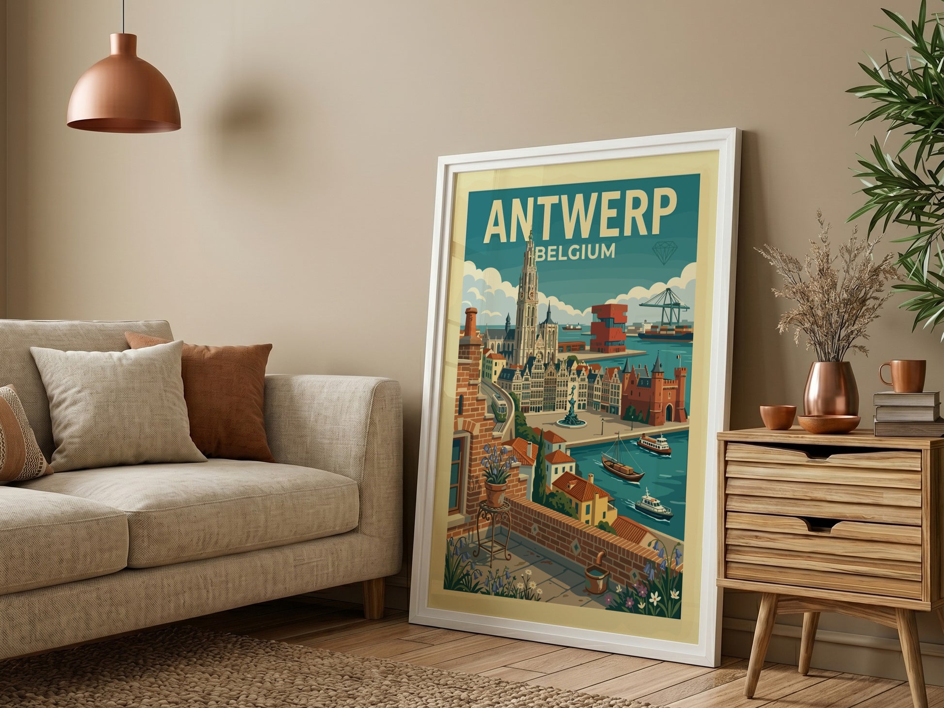 Vintage Antwerp Belgium travel poster featuring city skyline, cathedral, and port in a retro style.