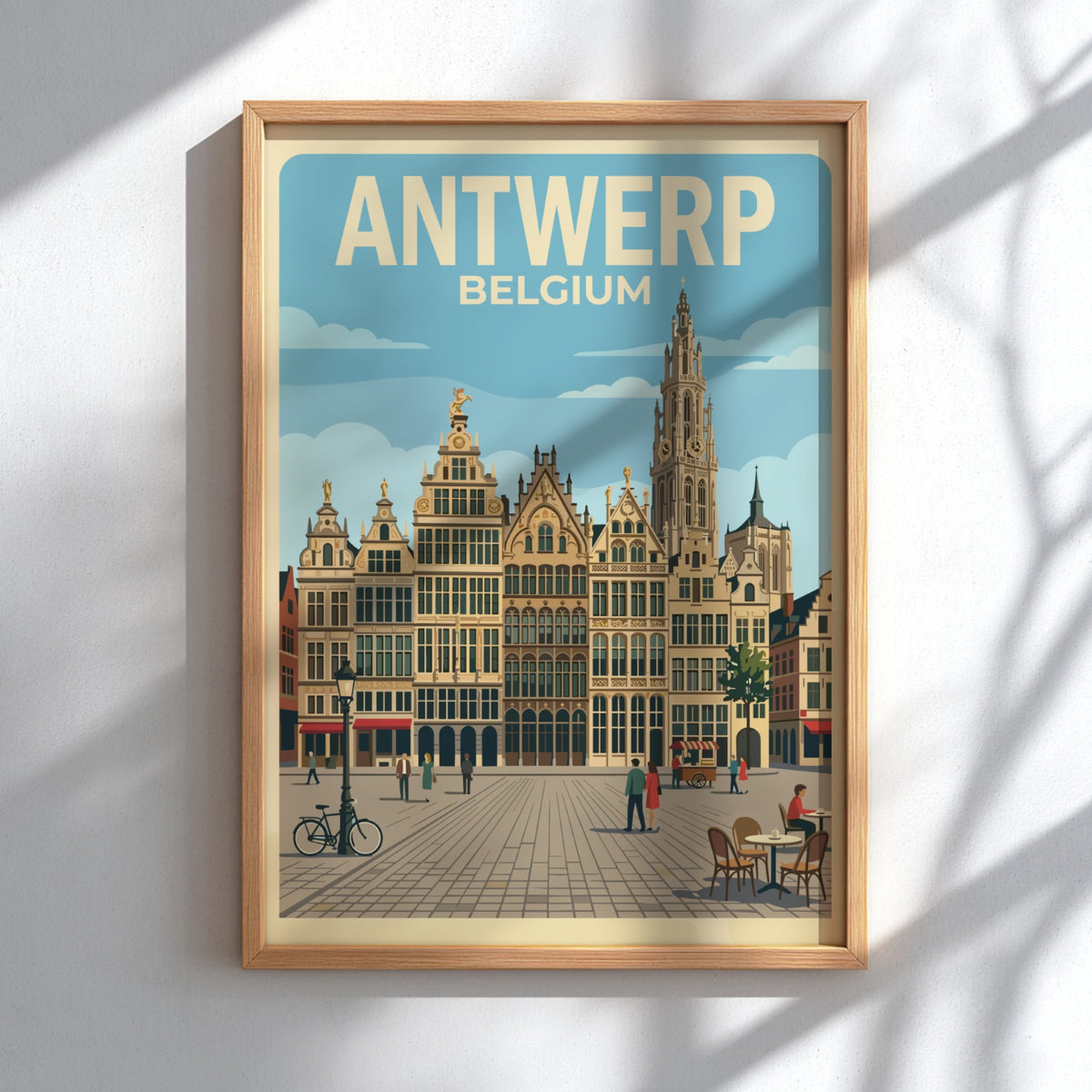Antwerp Belgium travel poster featuring historic guild houses and a cathedral spire above.