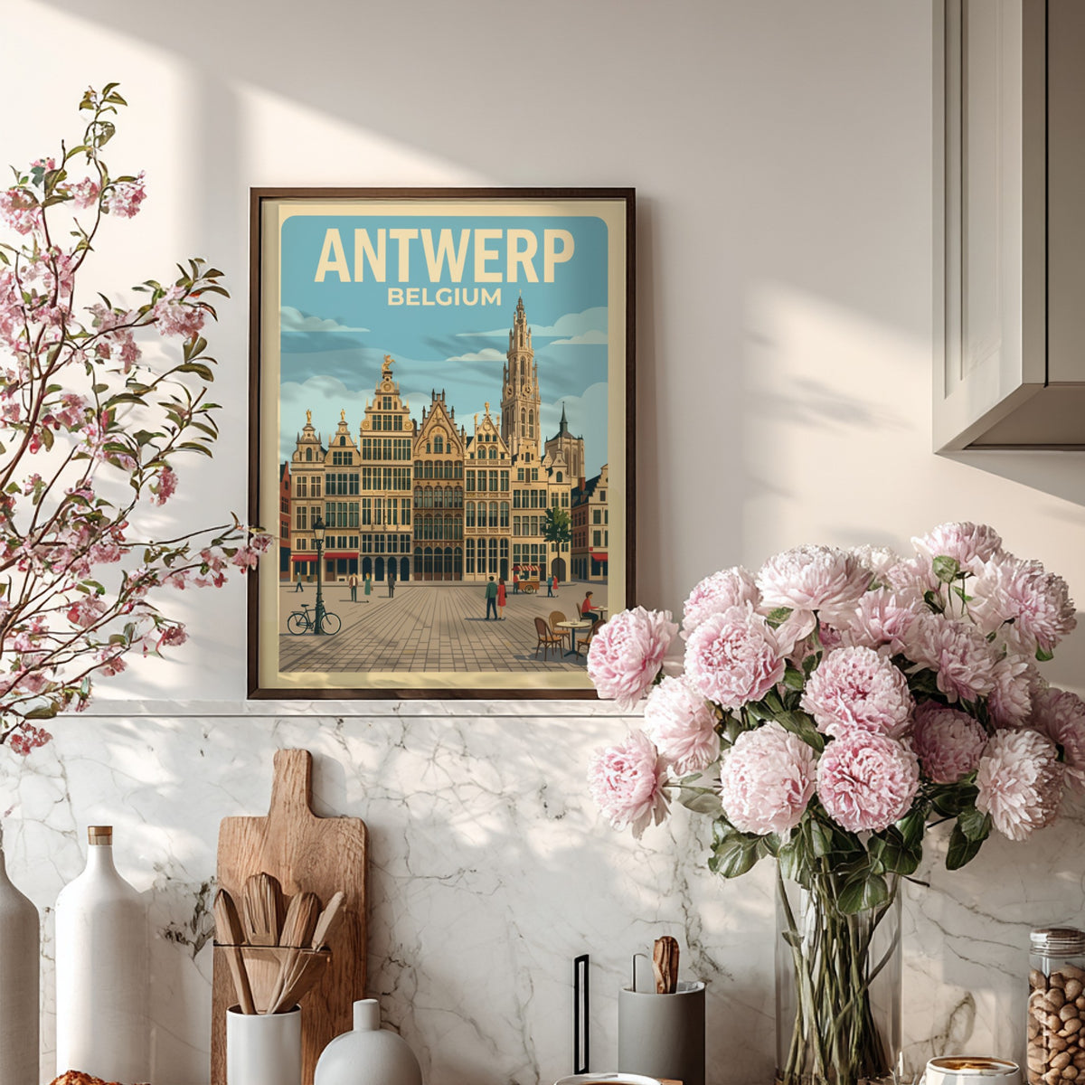 Antwerp Belgium travel poster featuring historic guild houses and a cathedral spire above.