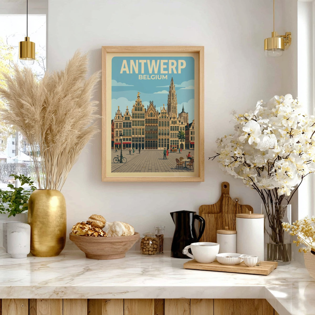 Antwerp Belgium travel poster featuring historic guild houses and a cathedral spire above.