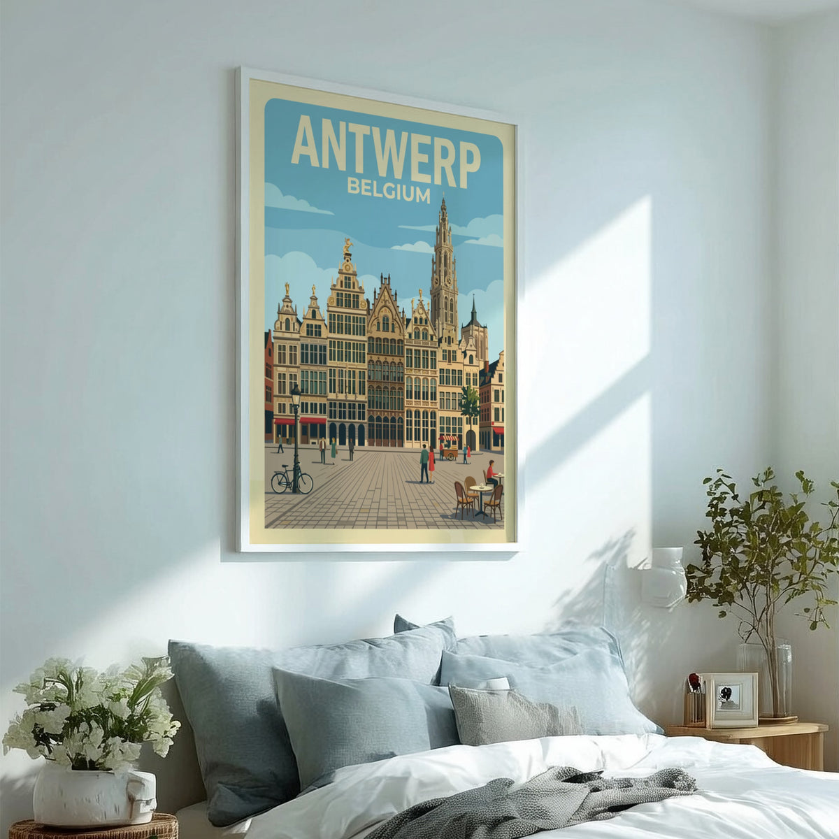 Antwerp Belgium travel poster featuring historic guild houses and a cathedral spire above.
