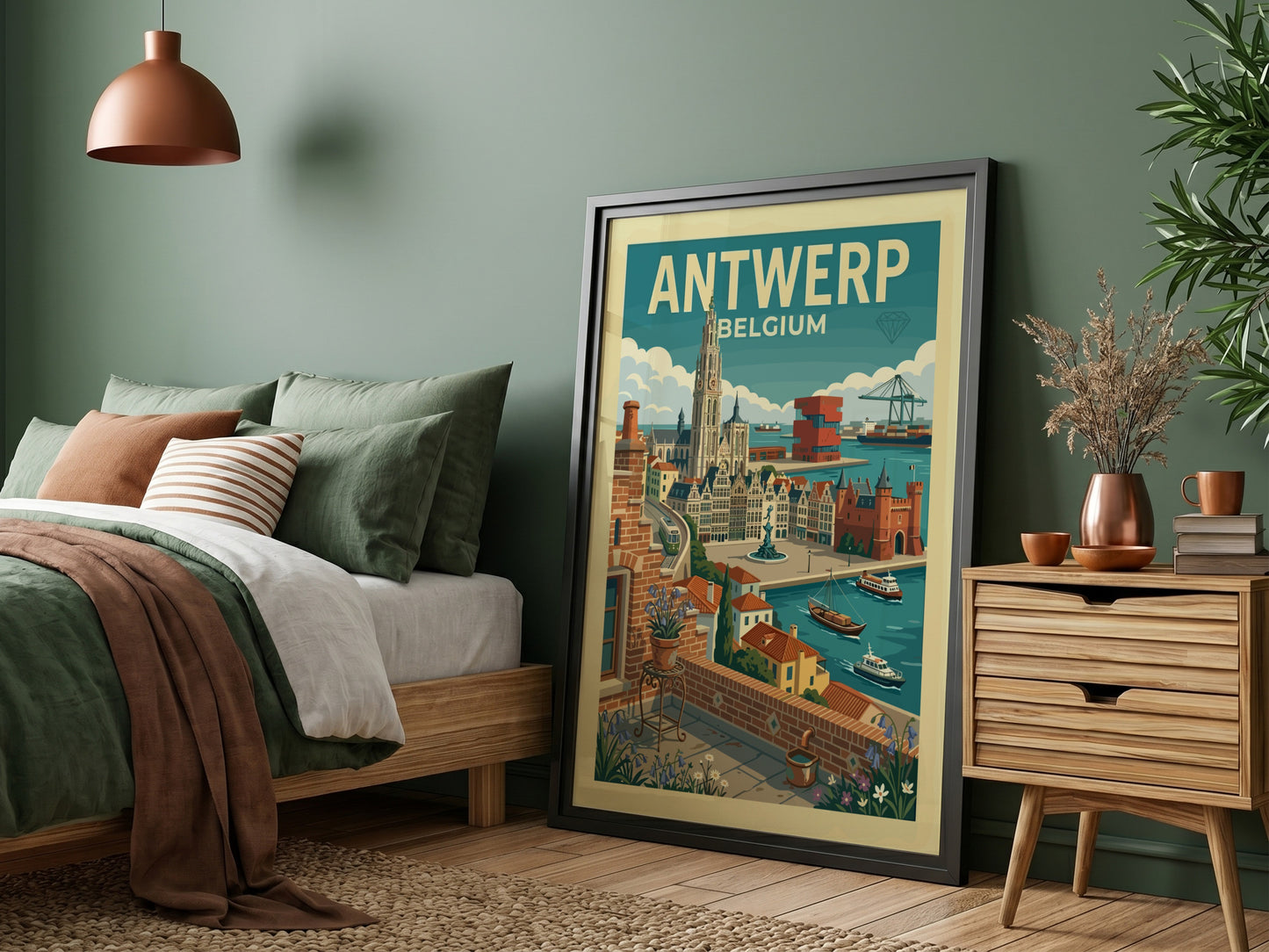 Vintage Antwerp Belgium travel poster featuring city skyline, cathedral, and port in a retro style.