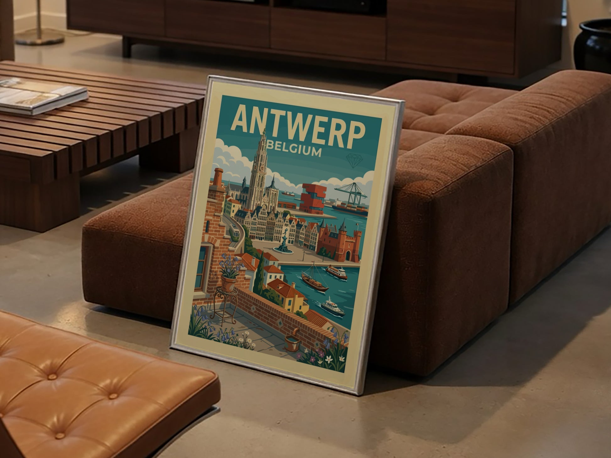 Vintage Antwerp Belgium travel poster featuring city skyline, cathedral, and port in a retro style.