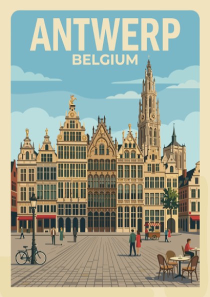 Antwerp Belgium travel poster featuring historic guild houses and a cathedral spire above.