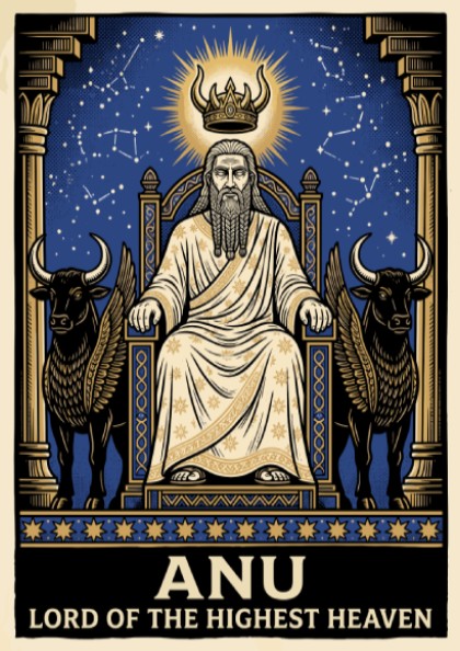 Poster featuring Anu, the Mesopotamian sky god, seated on a throne between winged bulls.