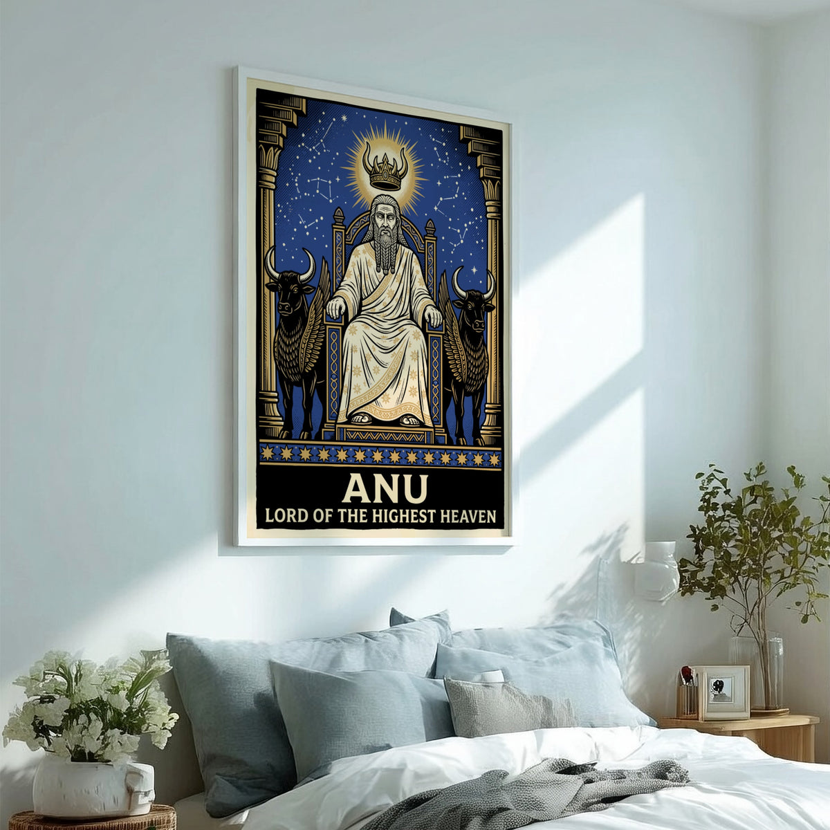Poster featuring Anu, the Mesopotamian sky god, seated on a throne between winged bulls.