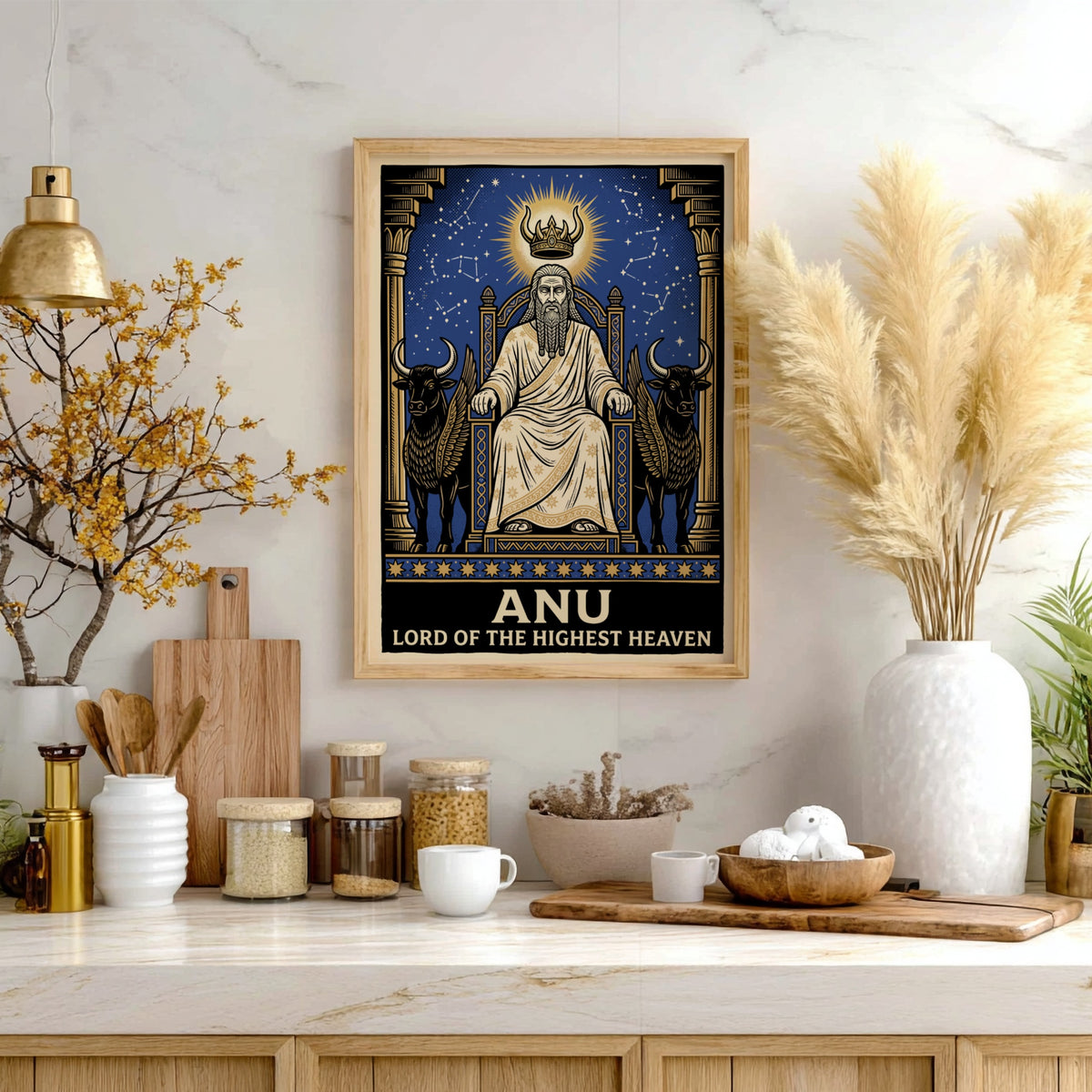 Poster featuring Anu, the Mesopotamian sky god, seated on a throne between winged bulls.