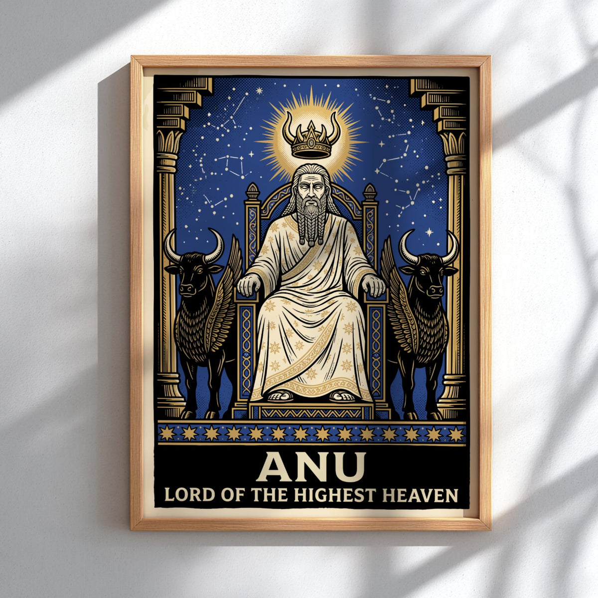 Poster featuring Anu, the Mesopotamian sky god, seated on a throne between winged bulls.