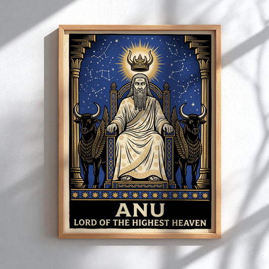 Poster featuring Anu, the Mesopotamian sky god, seated on a throne between winged bulls.
