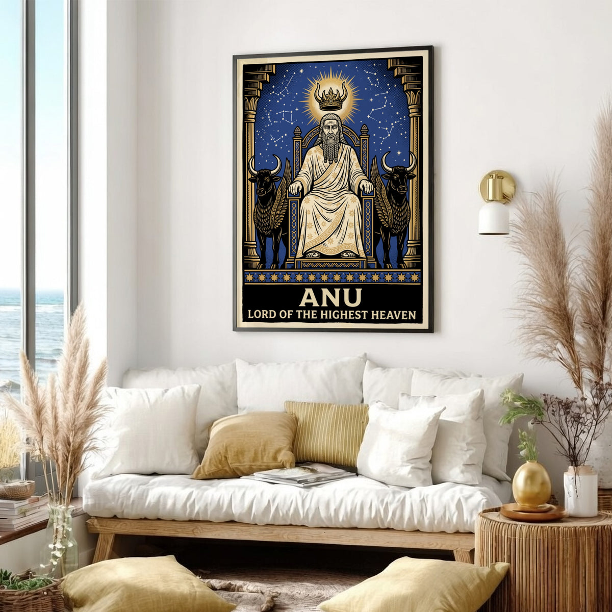 Poster featuring Anu, the Mesopotamian sky god, seated on a throne between winged bulls.