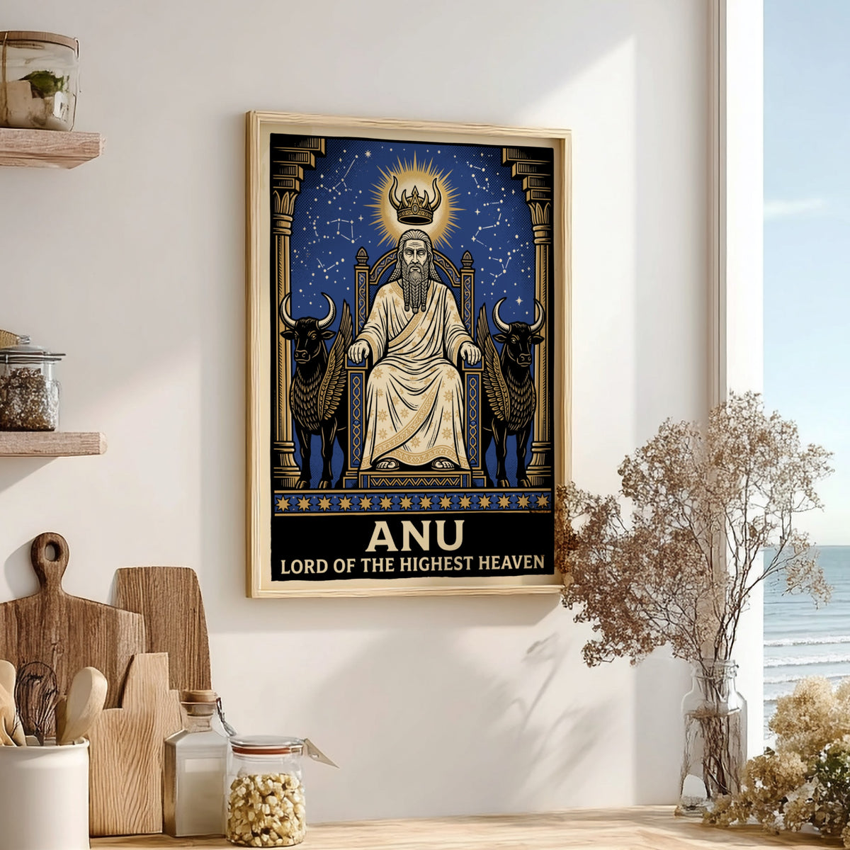 Poster featuring Anu, the Mesopotamian sky god, seated on a throne between winged bulls.