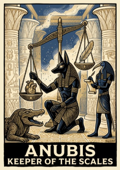 Anubis keeper of the scales poster featuring Egyptian god in blue and gold