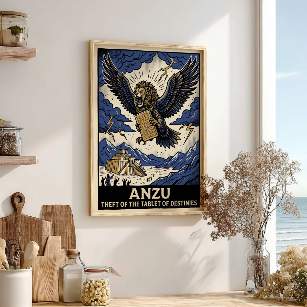 Poster of the mythological Anzu lion-eagle creature stealing the Tablet of Destinies above ziggurat.