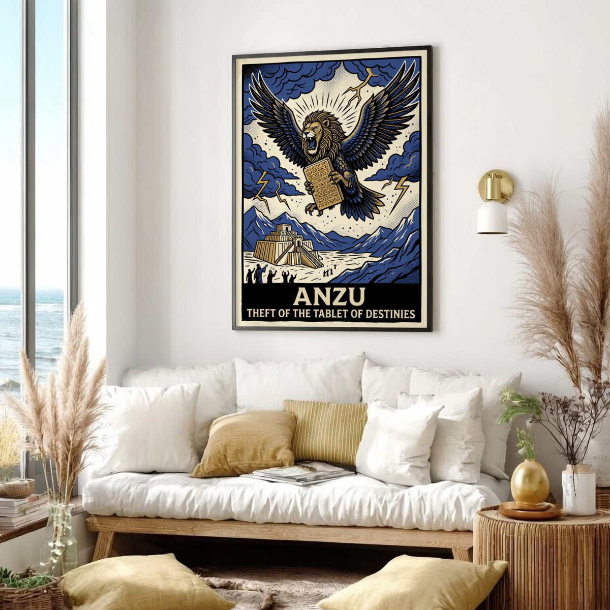 Poster of the mythological Anzu lion-eagle creature stealing the Tablet of Destinies above ziggurat.