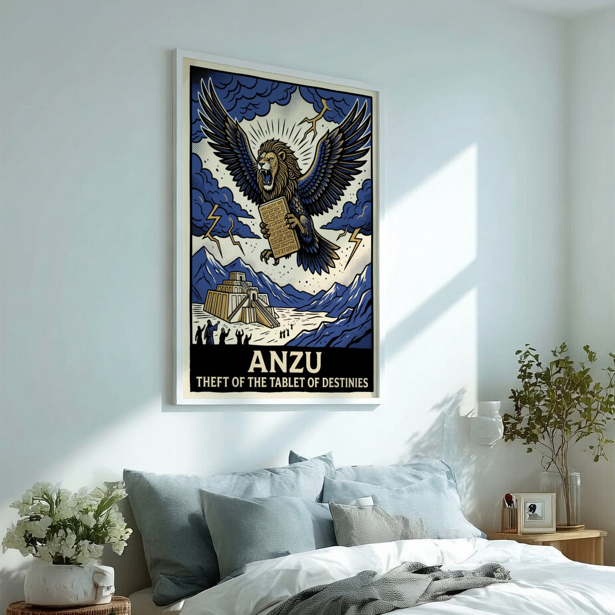 Poster of the mythological Anzu lion-eagle creature stealing the Tablet of Destinies above ziggurat.