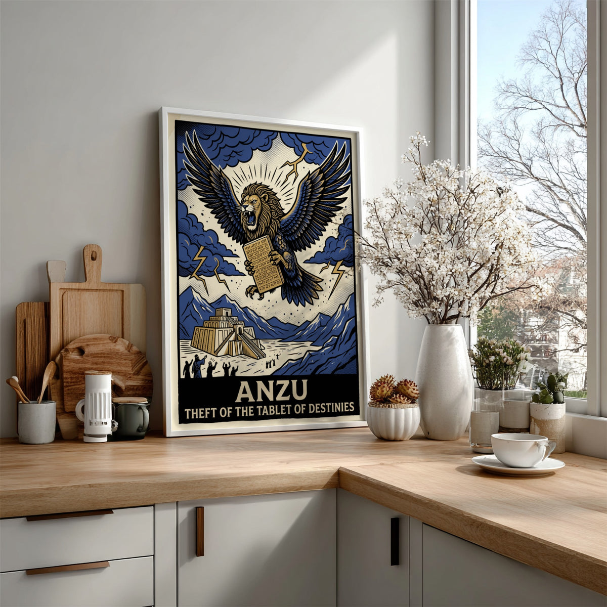 Poster of the mythological Anzu lion-eagle creature stealing the Tablet of Destinies above ziggurat.