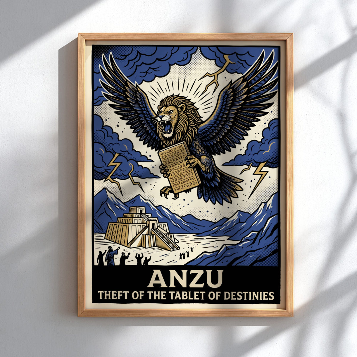 Poster of the mythological Anzu lion-eagle creature stealing the Tablet of Destinies above ziggurat.