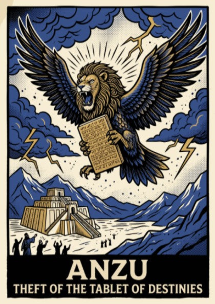 Poster of the mythological Anzu lion-eagle creature stealing the Tablet of Destinies above ziggurat.
