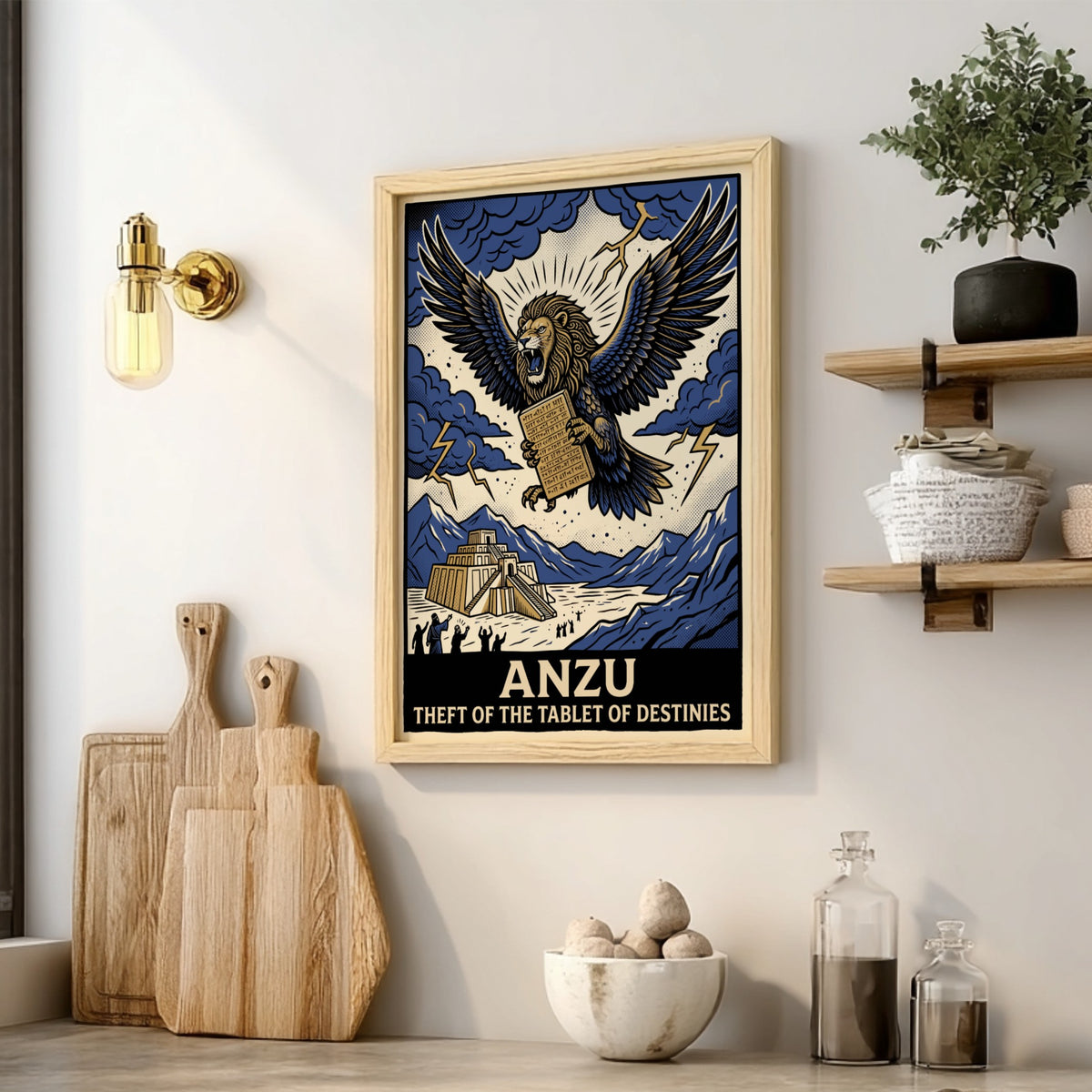 Poster of the mythological Anzu lion-eagle creature stealing the Tablet of Destinies above ziggurat.