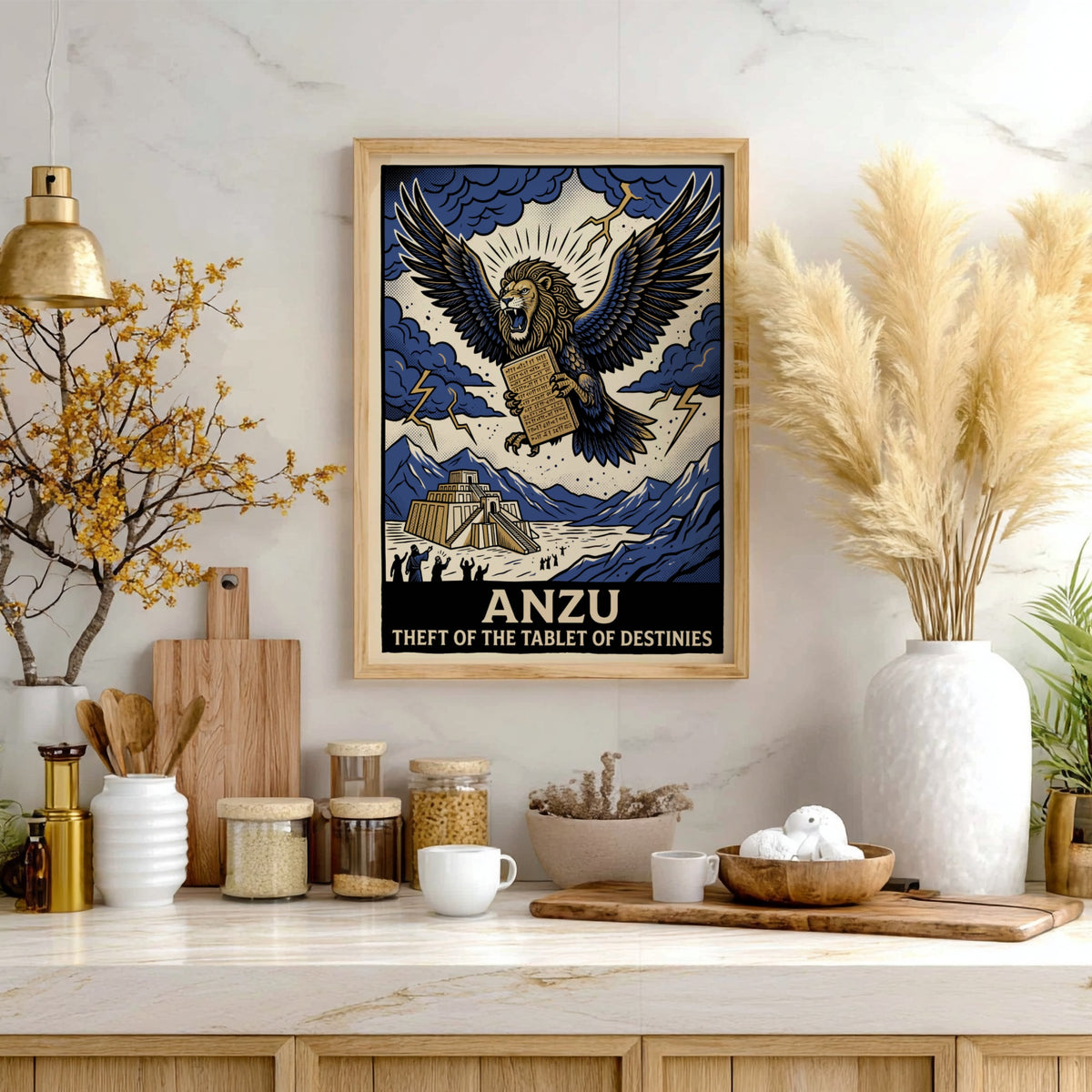 Poster of the mythological Anzu lion-eagle creature stealing the Tablet of Destinies above ziggurat.
