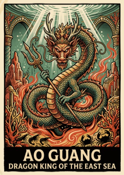Poster of Ao Guang Dragon King of the East Sea with trident and coral