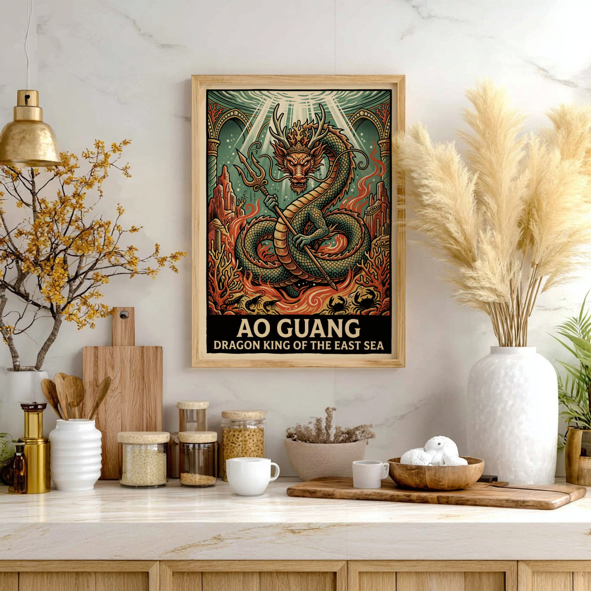 Poster of Ao Guang Dragon King of the East Sea with trident and coral
