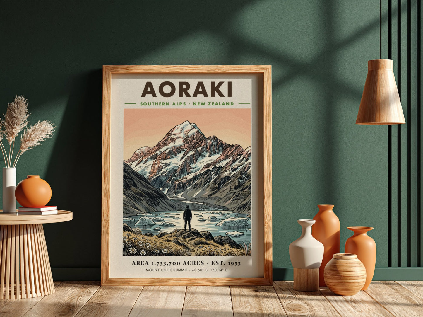 Poster featuring Aoraki mountain in the Southern Alps rising above a glacial lake.