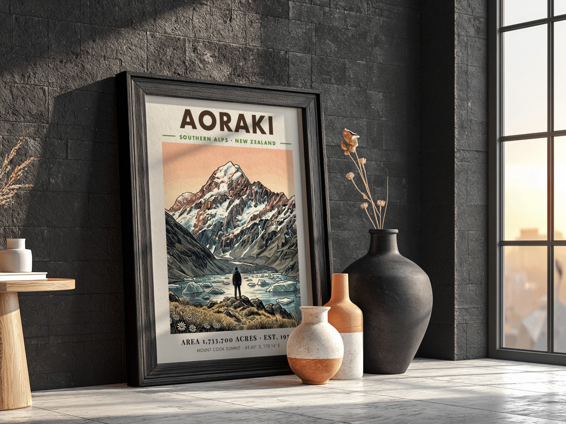 Poster featuring Aoraki mountain in the Southern Alps rising above a glacial lake.