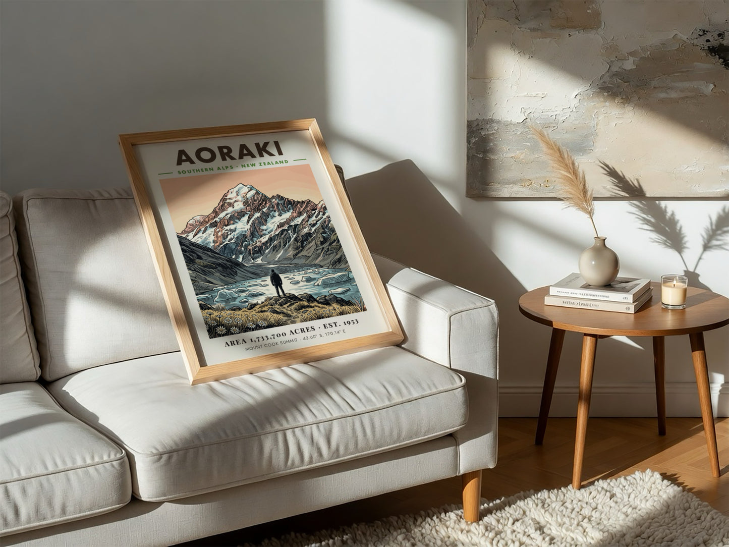 Poster featuring Aoraki mountain in the Southern Alps rising above a glacial lake.