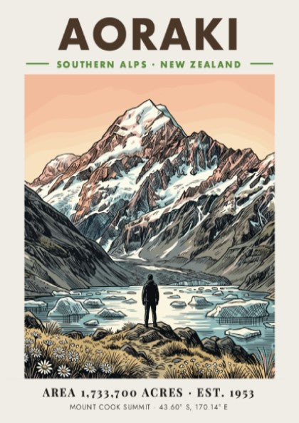 Poster featuring Aoraki mountain in the Southern Alps rising above a glacial lake.