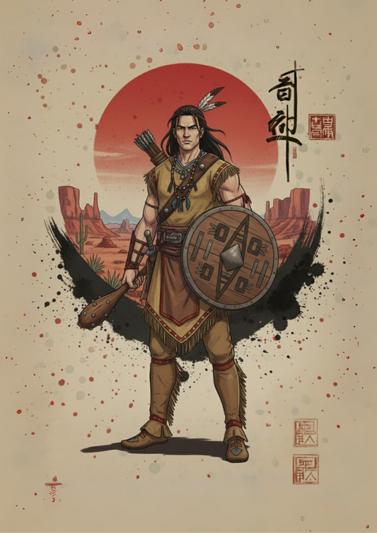 Illustration of a warrior holding a shield and spear against a desert landscape with a red sun.