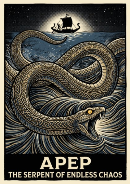 Poster featuring a giant serpent with knotwork scales in dark blue and gold.